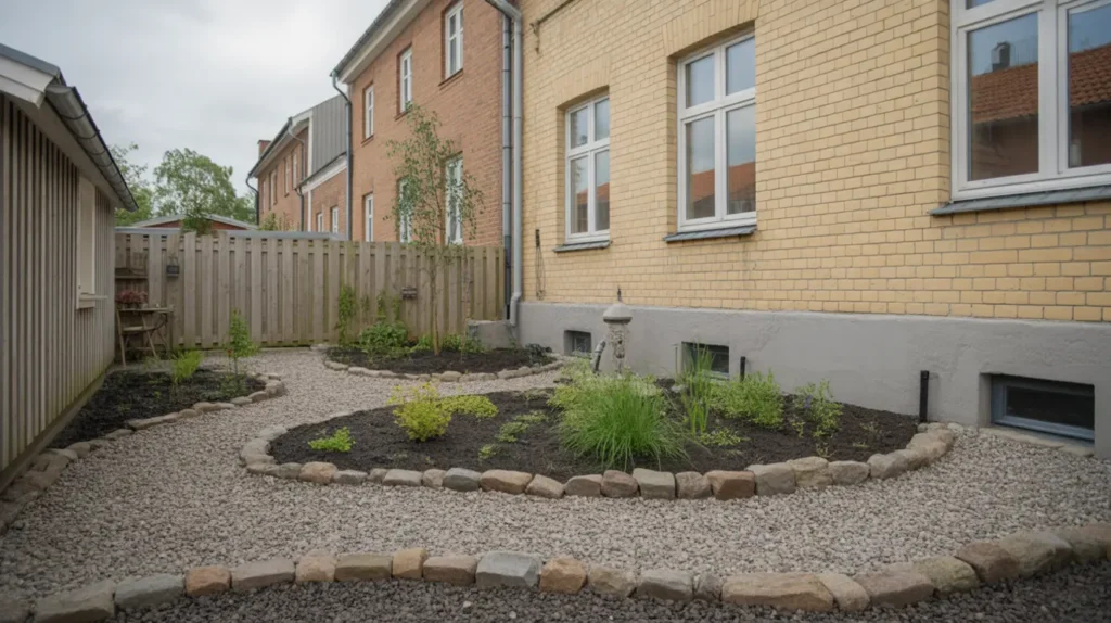 tr dg rdsanl ggning med rullgr s planteringar och grusg ngar i flemingsberg huddinge