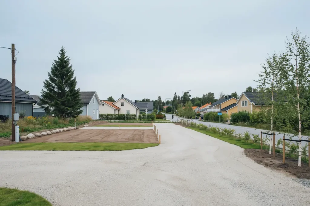 finplanering av villatomt med grusad uppfart i stuvsta