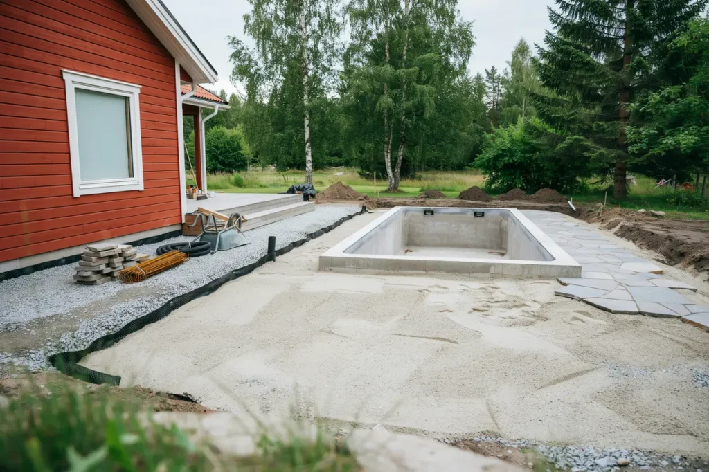 juli r r tt tid f r markarbete kring poolen stabil grund smart dr nering och h llbara ytor runt badplatsen